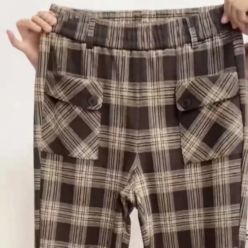 2023 Autumn and Winter Women\'s Patchwork Button Pockets with Velvet Plaid Casual Loose Tie Feet Versatile Slimming Harlan Pants
