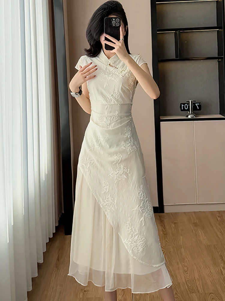 

Women Korean Fashion Luxury Party Vestidos Summer White Embrodiery Floral Patchwork Dress 2025 Elegant Bodycon Festival Vestidos