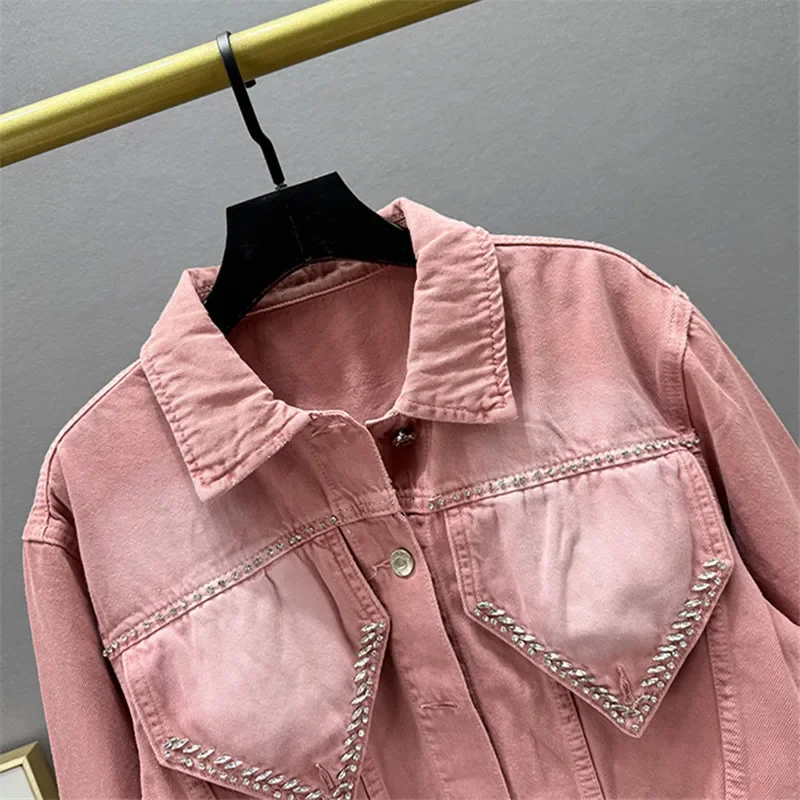 2025 frühling Herbst Frauen Neue Rosa Diamant Dünne Kurze Denim Jacke Revers Einreiher Langarm Jeans Jacke Streetwear