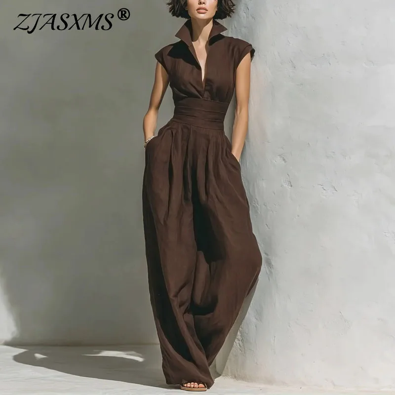 Sexy Women's Sleeveless Low Cut Jumpsuit Elegant Stand Collar High Waist Romper Chic Summer for Office Commute Pockets Bodysuits