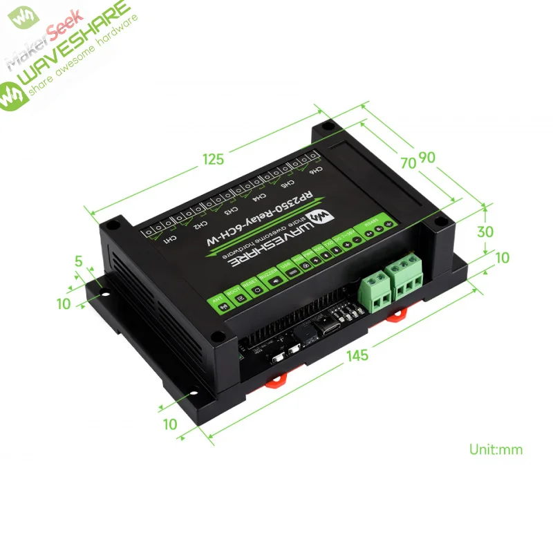 SKU-32576 Waveshare Industrial 6-Channel RP2350 Relay Module, Onboard RS485 / Pico HAT interfaces, With Multiple Isolation Prote