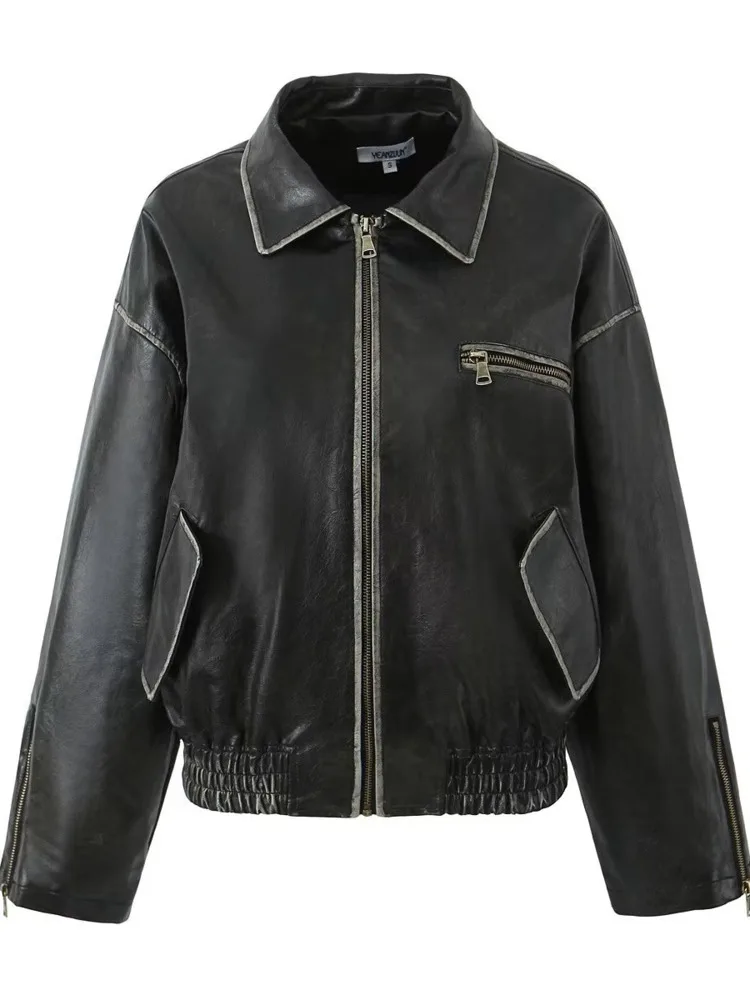 ZMEENNA Women's Faux Leather Bomber Jacket With Pockets And Zip Closure Chic And Casual Outerwear Vintage Style ZM3776