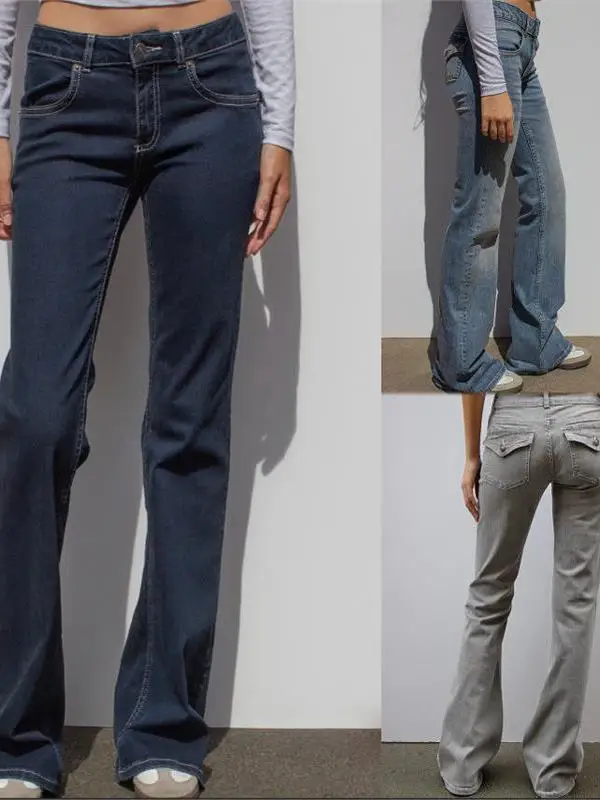 

Модные эластичные джинсовые джинсы для женщин, расклешенные джинсы с низкой талией, эластичные джинсы, повседневные длинные брюки, синие джинсовые джинсы