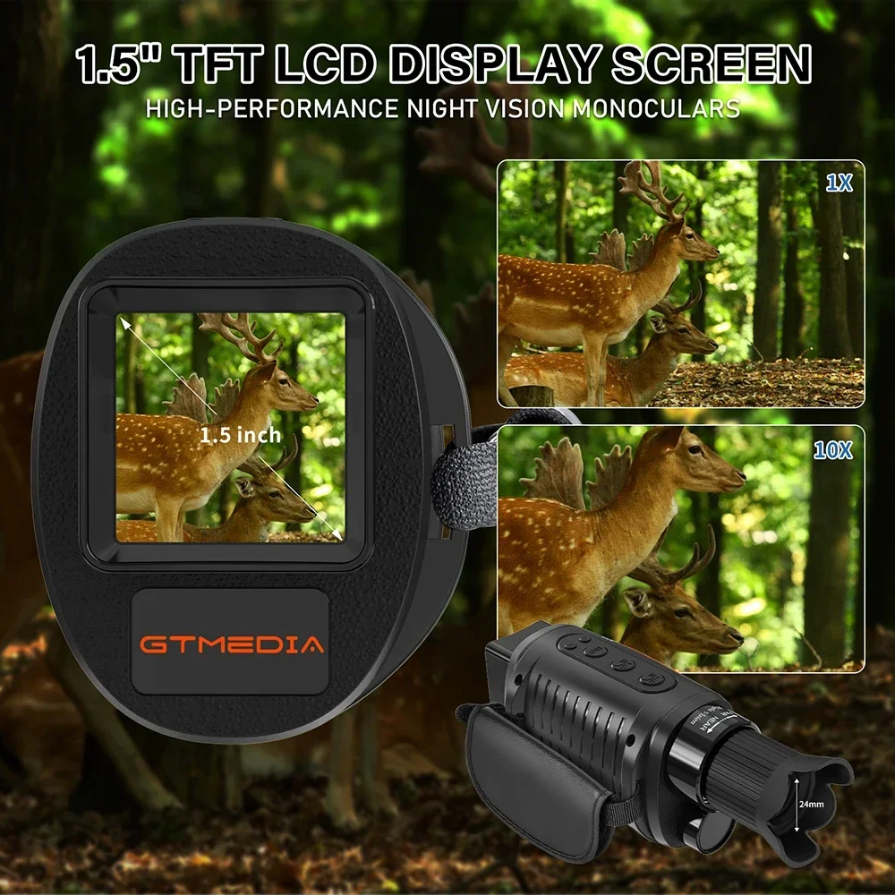 Monocular Night Vision TFT LCD screen Built-in 3W 850nm illuminator and offer a clearer view of details for dark