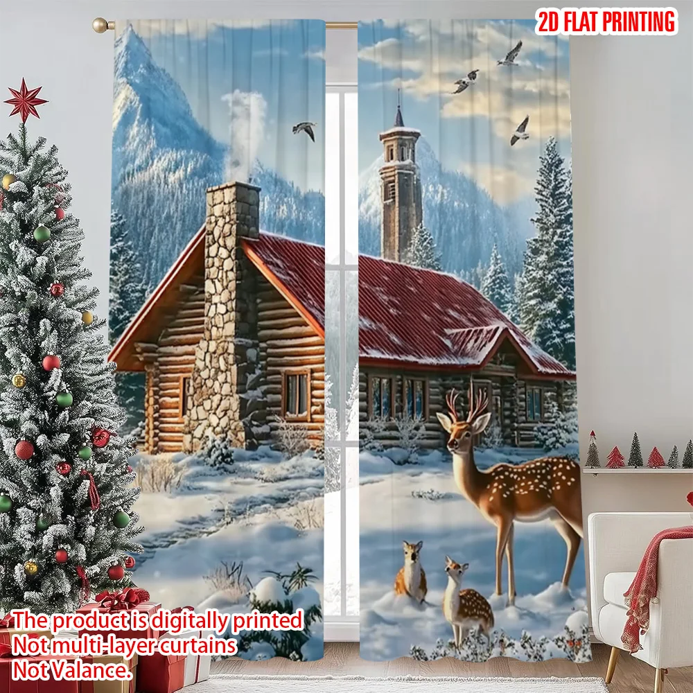 

2pcs 2D flat printing Merry Christmas Window Curtains Cardinal Deer 100% Polyester Without Electricity Festive Holiday for