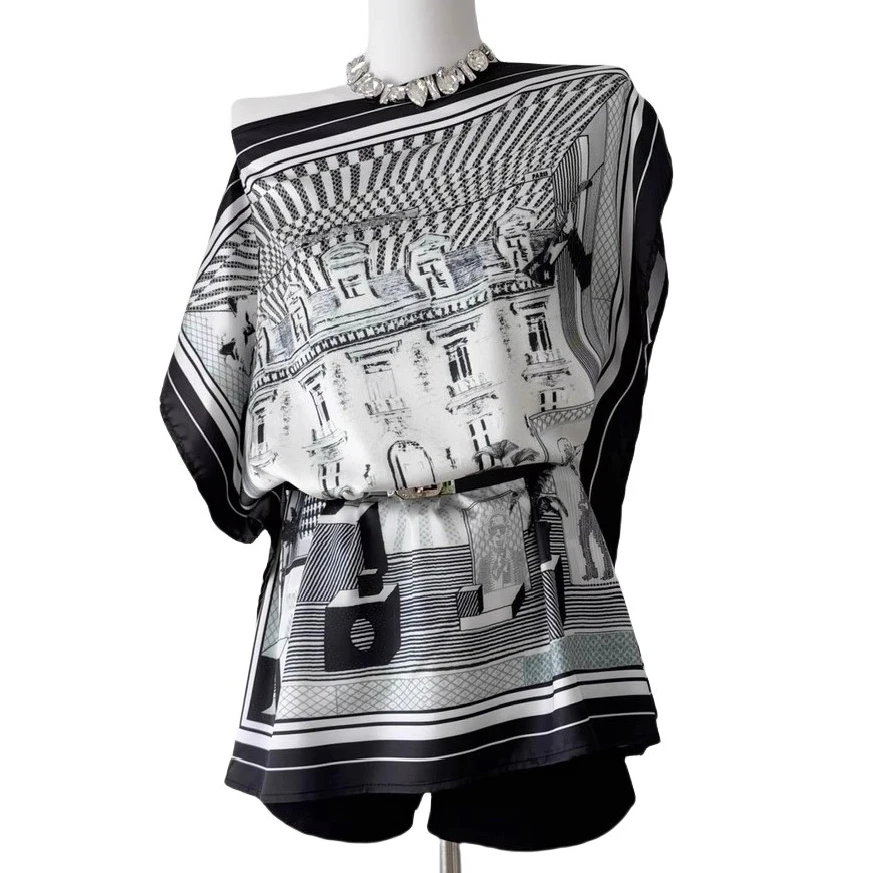 

Unique elegant old money print loose batwing sleeve chiffon blouse summer