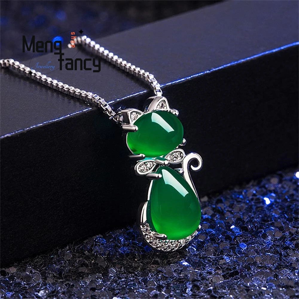 Natural Green Jade Chalcedony Cat Agate 925 Silver Necklace Fashion Charm Jewelry Amulet Couple Paired Pendants Holiday Gifts