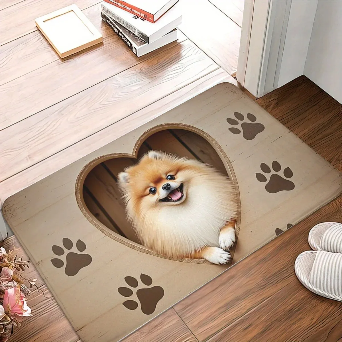 Floor Mat, Outdoor Indoor Door Mat Souvenir and Holiday Gift, Cute Pomeranian Peeking Heart-Shaped Cardboard Box