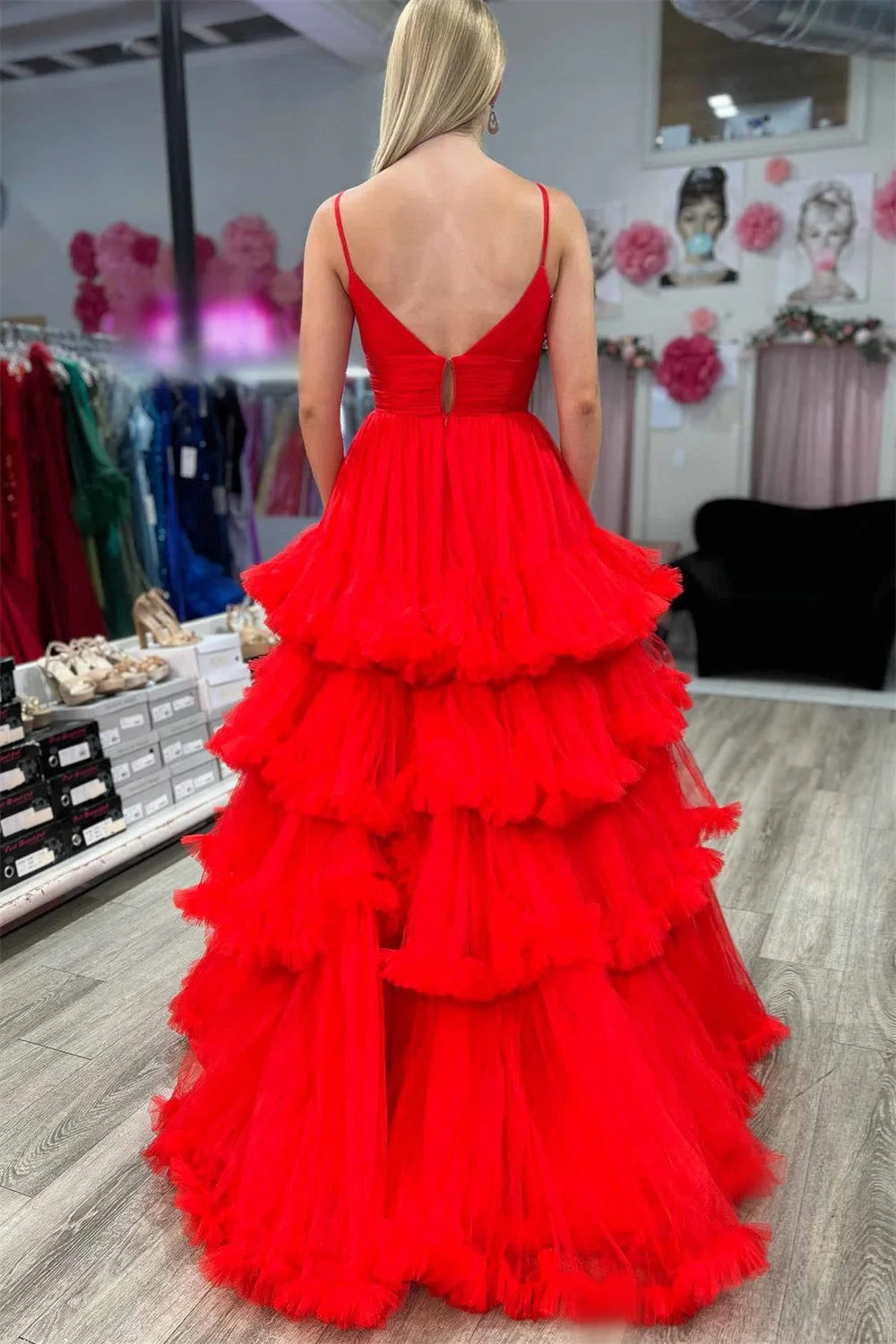 Annie Red Wedding Dress Handmade Tulle Layering Prom Dresses V-neck Elegant Ladies Formal Occasions  Bespoke Occasion Dresses