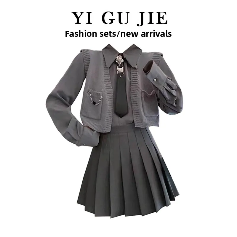 

Летний комплект футболок для колледжа, женский антивозрастной солнцезащитный жилет с плиссированной юбкой, модный ансамбль