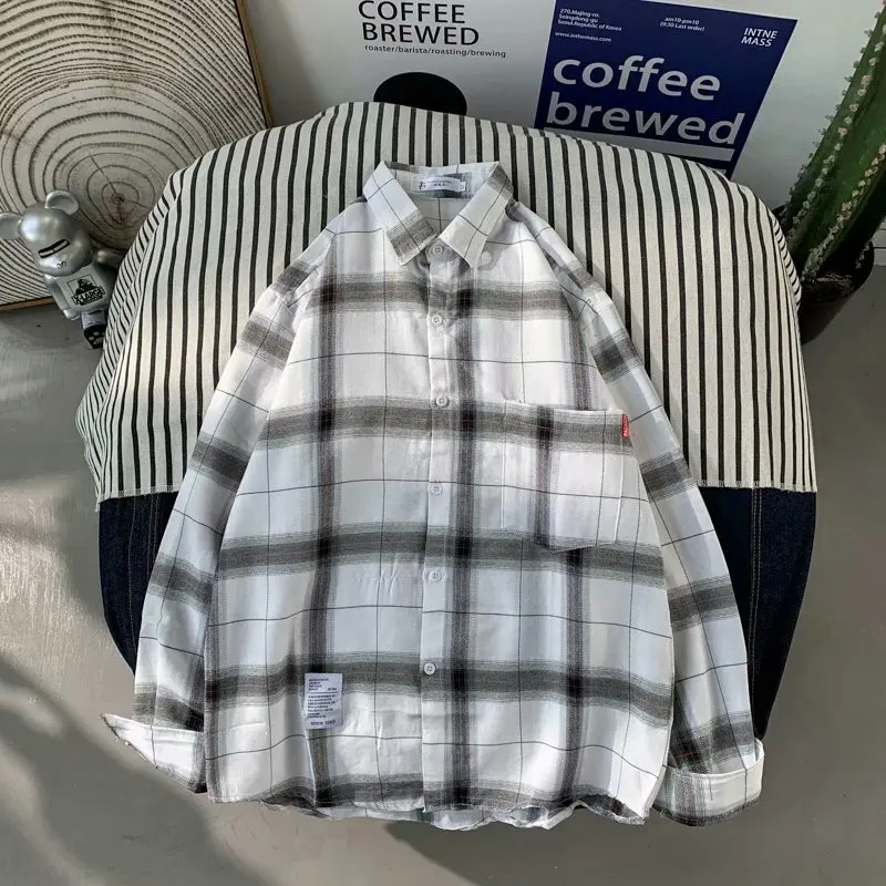 

Plaid Long Sve irt Men's Casual Sle High School Student Summer Faion Outerwear Button up Classic Fit Four Seasons