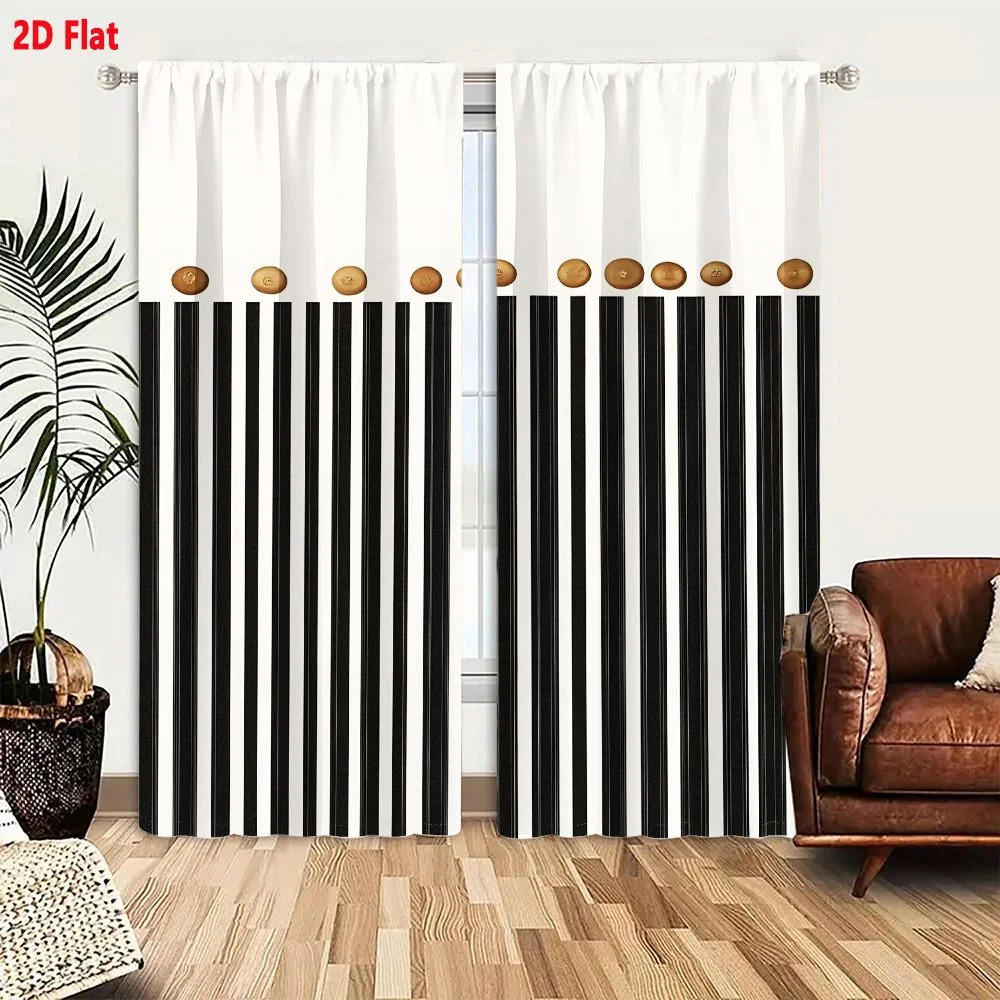 2Pcs Curtains Minimalist Graphic Design With Alternating Vertical Black And White Stripes Topped By Small Golden Brown Circular