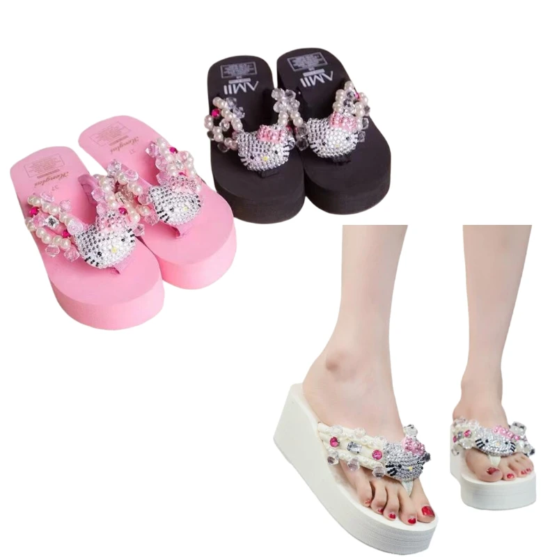 Kawaii Sanrio Hello Kitty Soft Flip Flop Sandals Beach Slides Shoes Women Casual Wedge High Heels Platform Slippers Ladies