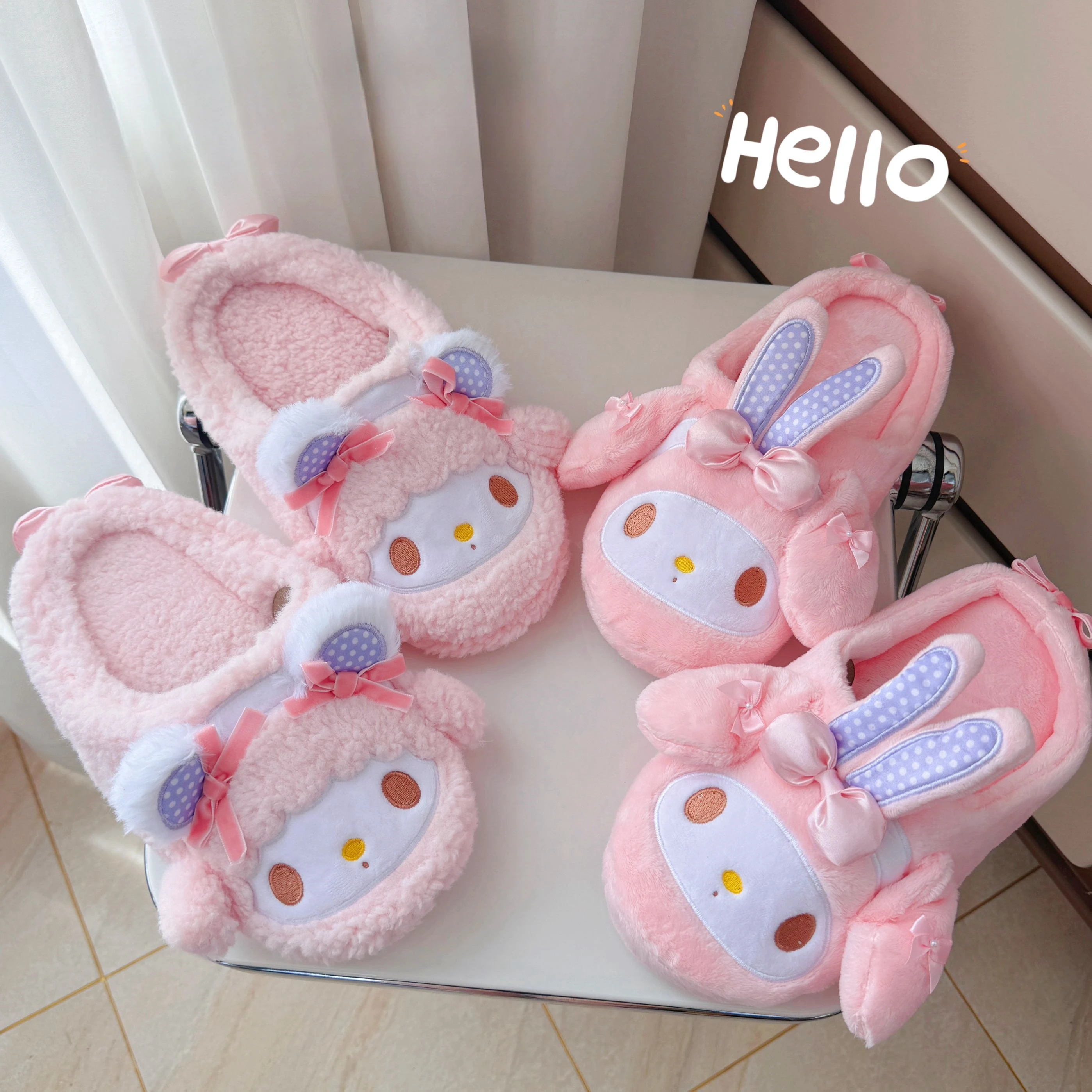 Cartoon My Melody Sanrio Slippers Cartoon Plush Slippers Floor Slippers Warm Indoor Slippers Flat Casual Non-slip Girl