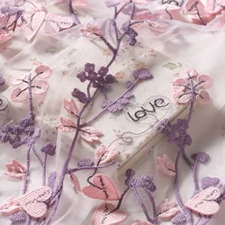 High quality Mesh pink love letter pattern embroidery thin lace fabric soft yarn cheongsam dress fabric 100*125cm
