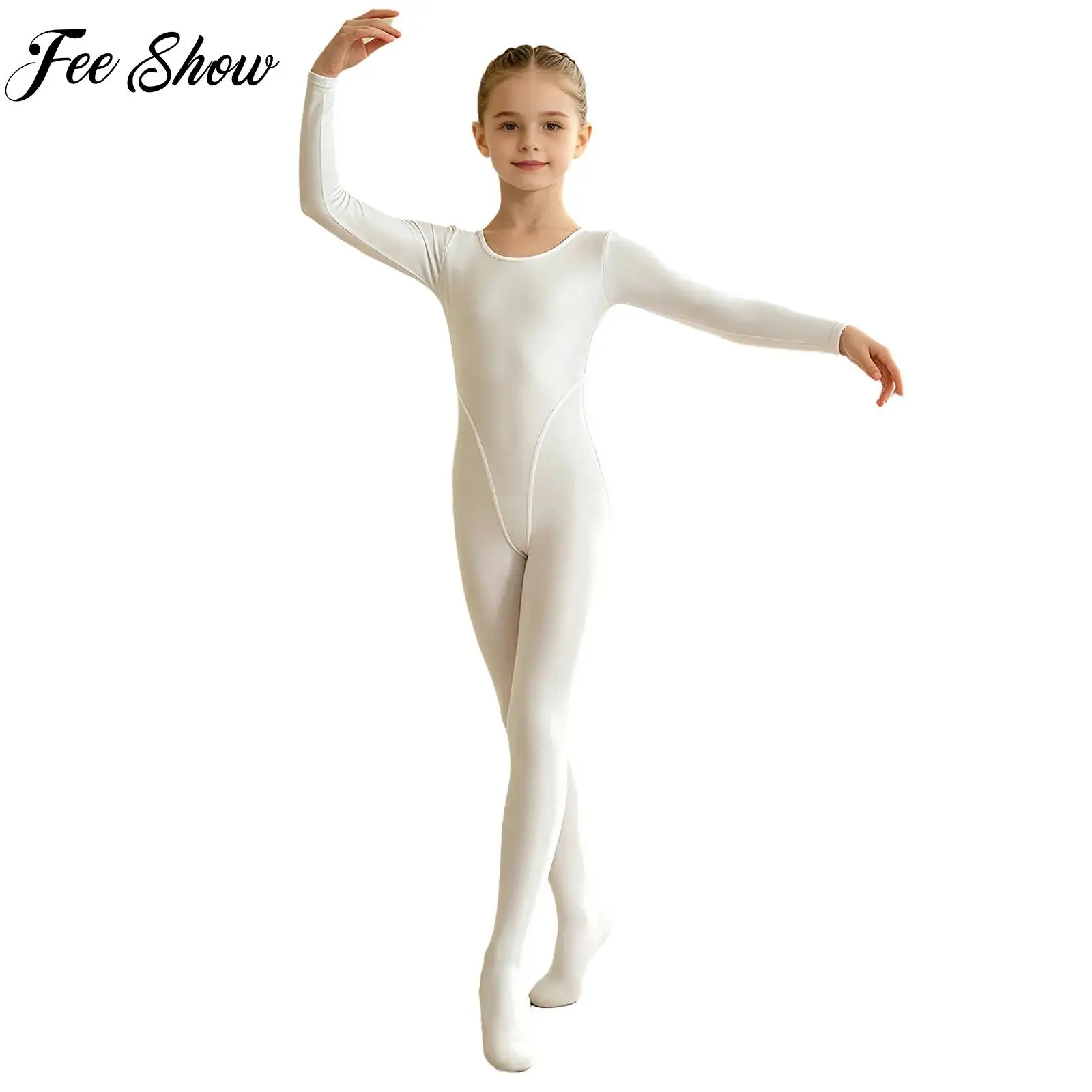 Kids Girls Glossy Footed Jumpsuit Long Sleeve Keyhole Back Bodysuit for Elegant Artistic Gymnastics Dance Training Performance