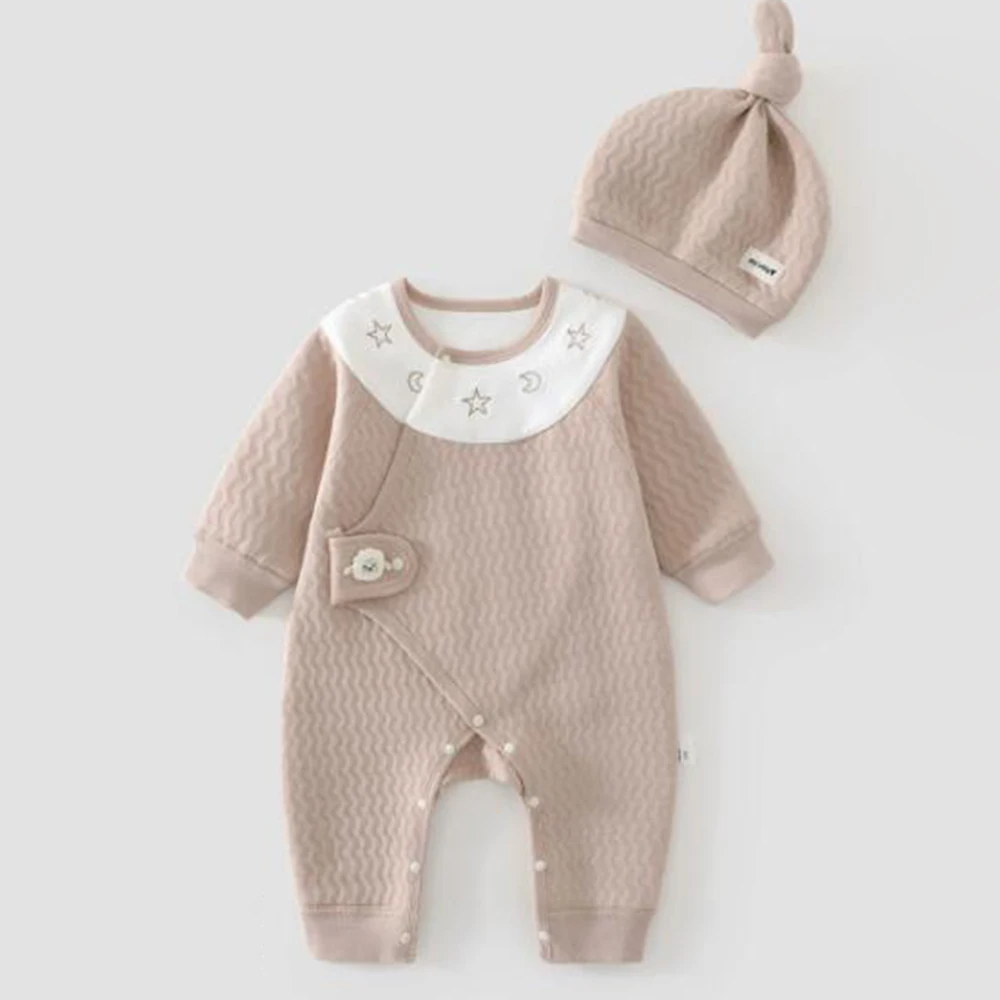 Newborn Baby Girl Romper Long Sleeve Quilted Warm Autumn Winter Baby Boutique Clothing Hospital Baby Boy Jumpsuit With Hat