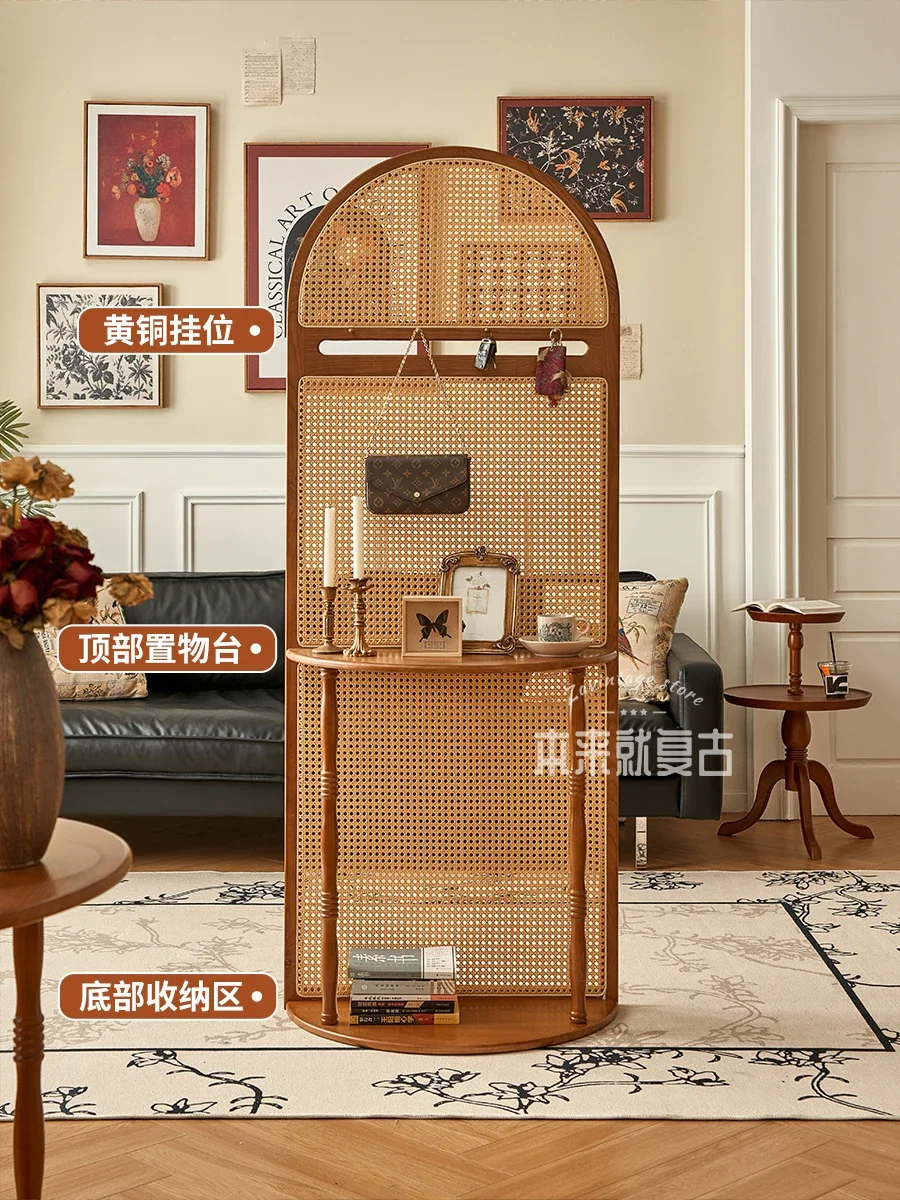 French retro solid wood rattan screen partition living room entry door blocking entrance cabinet