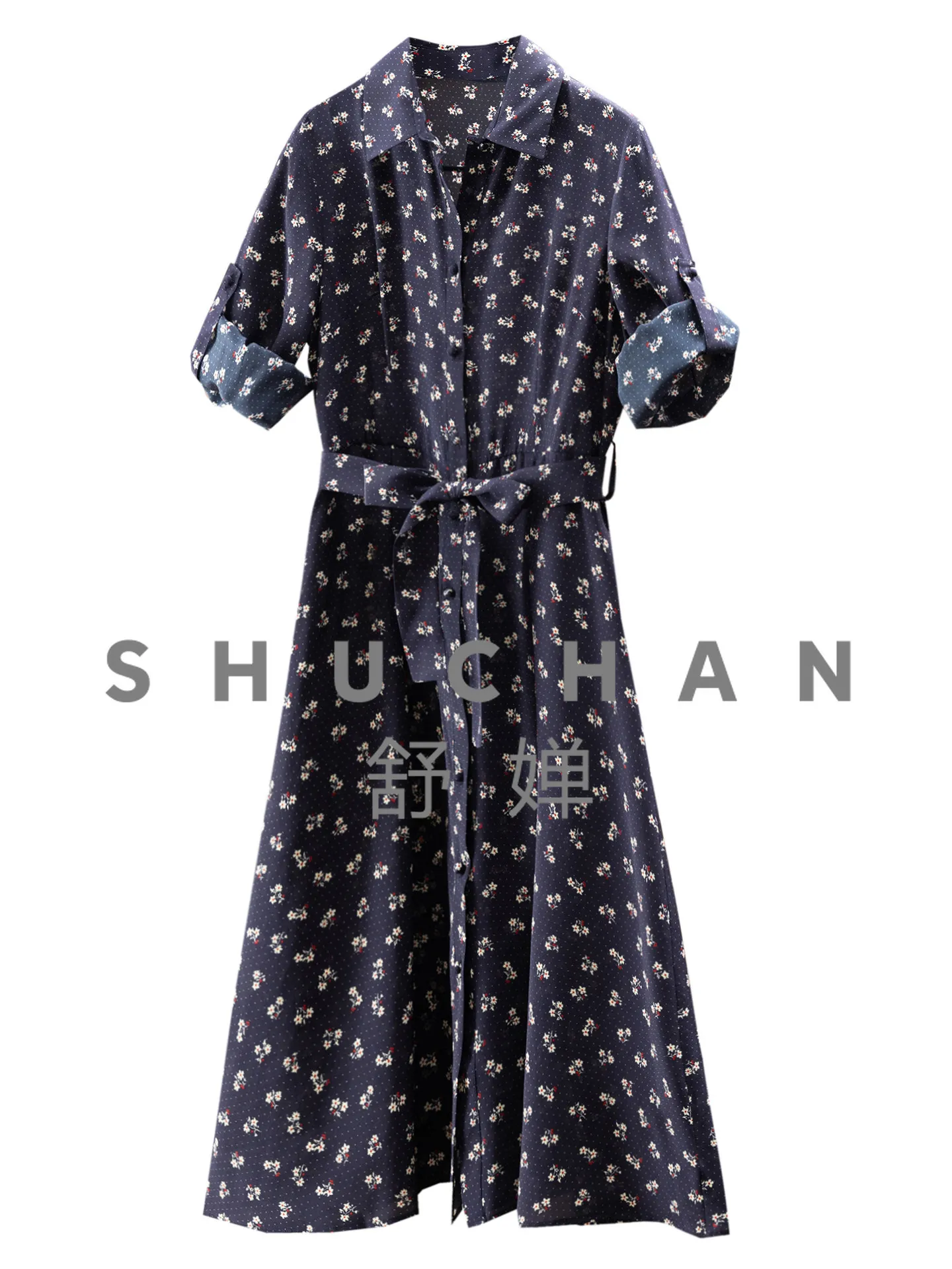 

French Style Dresses Romantic Floral Silk Standing Cut Waist Shirt Dress Women's 52J6 Vestidos De Verano Mujer 2026