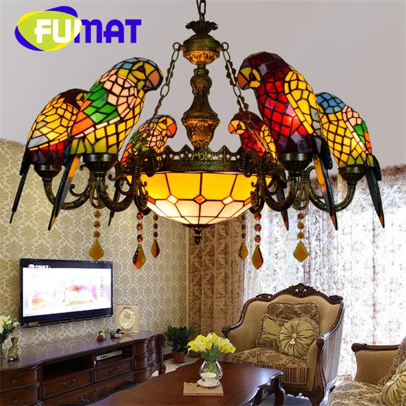 FUMAT Tiffany style stained glass Luxury Parrot Crystal Chandelier Pendant lamp Living Room Restaurant Hotel LED decor