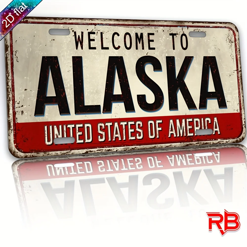 Placa de matrícula vintage de Alaska, letrero de metal, diseño retro rojo y blanco desgastado con letras de Alaska, pared de aluminio resistente D