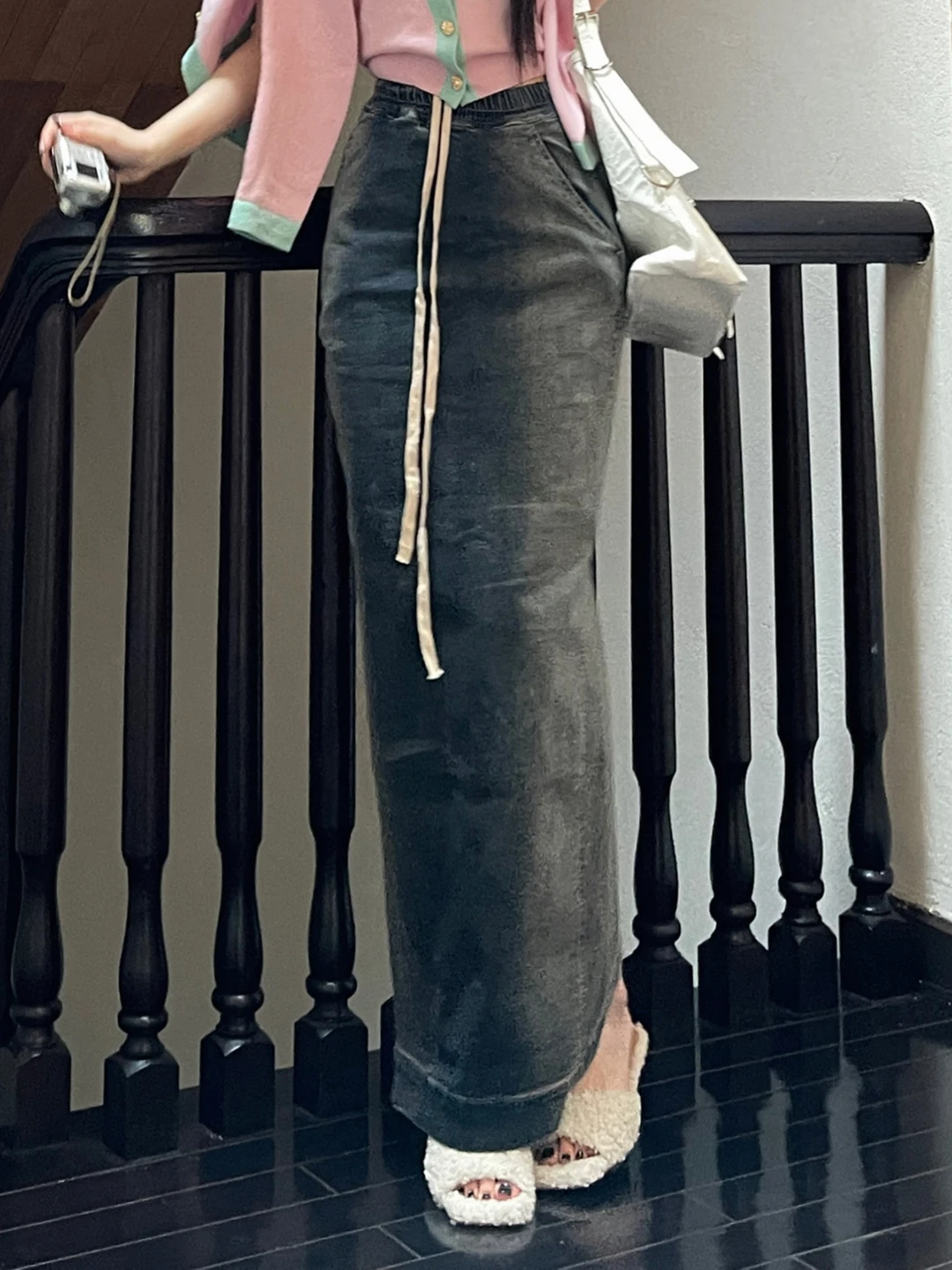 

ChiclyNana American Sle Spicy Girl Mid-Length f Skirt Waed out Vintage Denim Wrap around Skirt Polyester Fiber