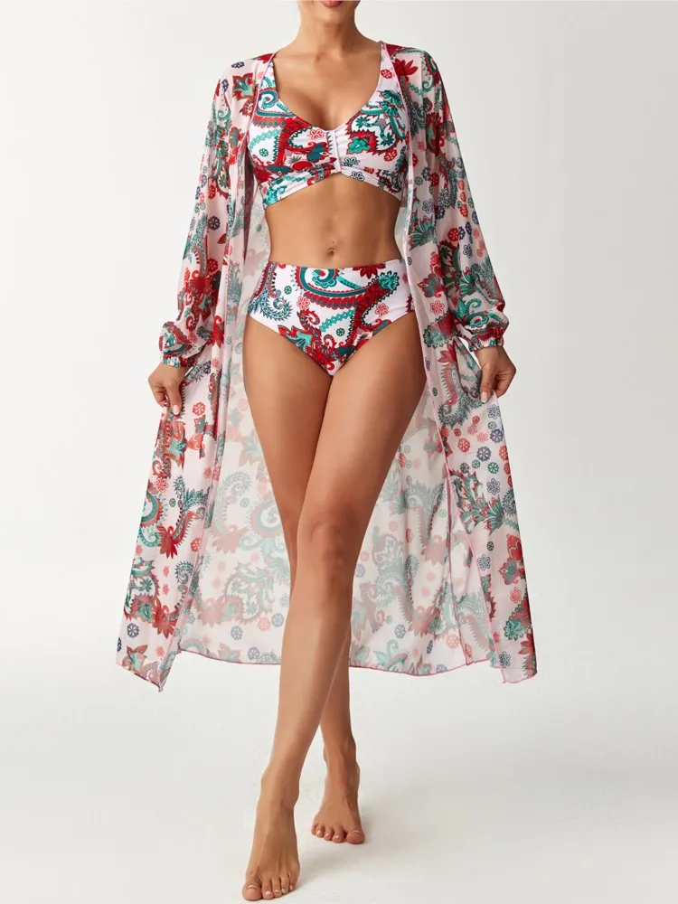 

Bikini Bodysuit Swimwear Women With Kimono Bathing Suit Summer New Splice Print Beachwear Holiday Bikini Cover Ups Outfits