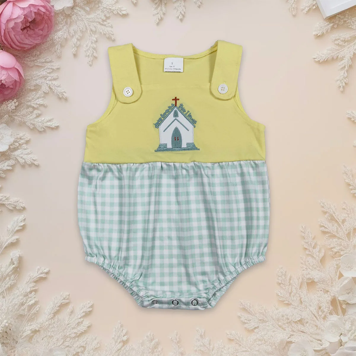 

Newborn Baby Boy Sleeveless Checked Plaid Bubbles Kids Embroidery Church Cross Toddler Buttons Romper Jumpsuit Onesies Wholesale
