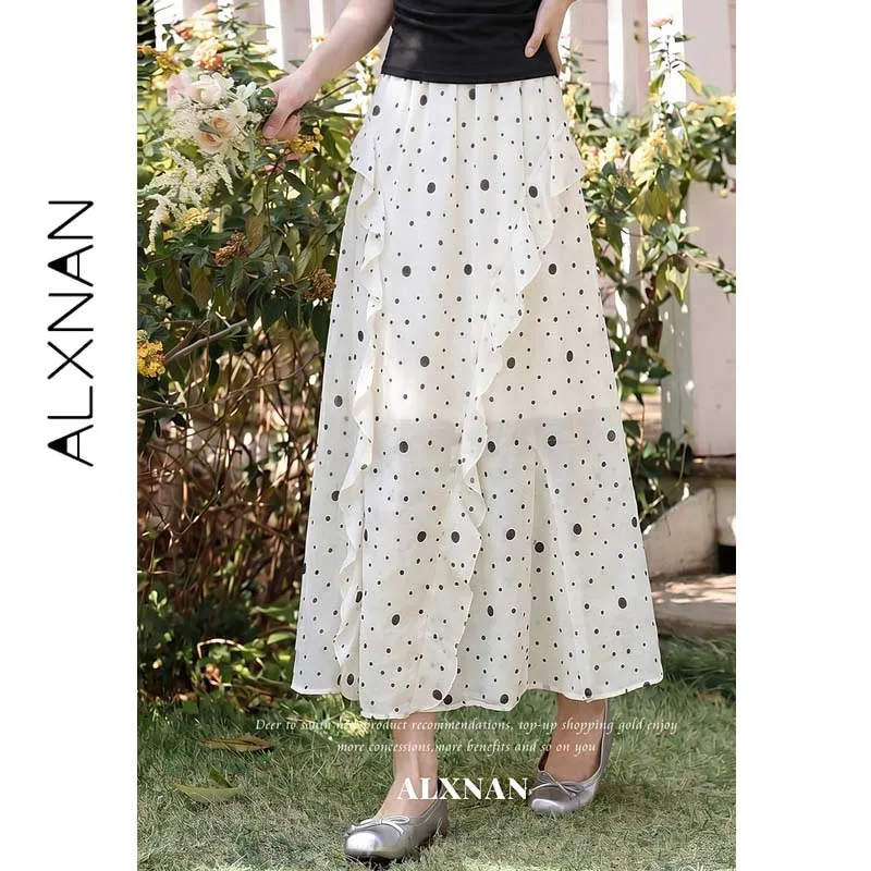 ALXNAN Polka Dot Apricot Skirt Women New Summer Irregular Ruffle Loose-fit A-line Commuter Elegant Ladies Long Skirt L66206