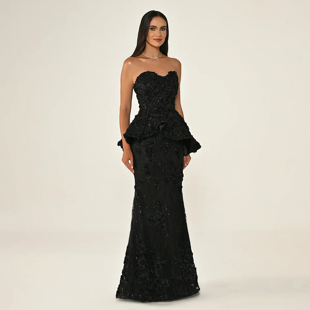 Schwarzes Abendkleid mit Spitzenapplikationen, maßgeschneidert, trägerlos, Meerjungfrau, rückenfrei, bodenlang, formelle Partykleider, maßgeschneidert – Detail 3