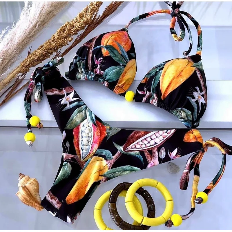 New Bikini Digital Printed Sexy Lace-up Halterneck Triangle Split Swimsuit Female Wholesale