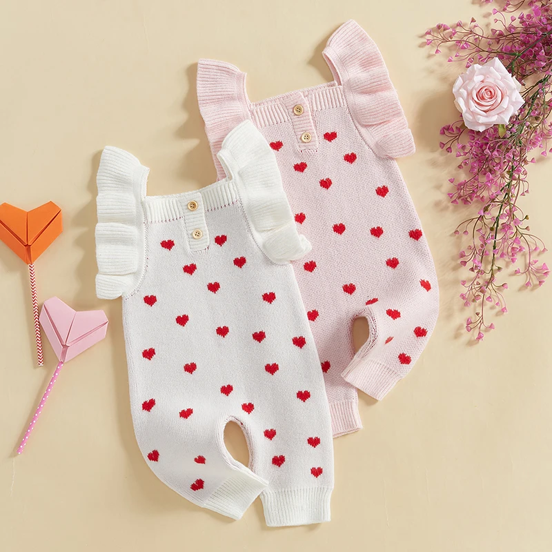 2024-10-09 Lioraitiin Baby Girl Valentine’s Day Jumpsuit Ruffle Sleeve Square Neck Heart Print Romper Infant Spring Outfit