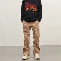 2024 Vibe Y2K Fashion Kanye Khaki Streetwear Cargo Jeans Pants Men Clothes Multi Pockets Straight Hip Hop New Rock Ropa Hombre