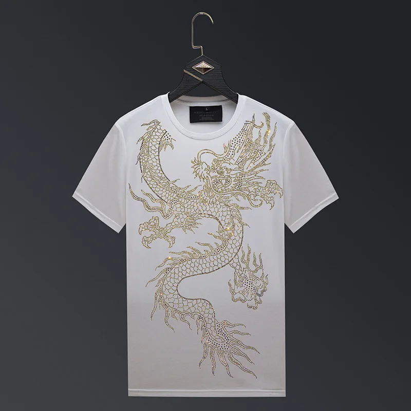 Chinese Dragon Rhinestones T Shirts Men Summer Clothes Fashion Streetwear O Neck Short Sleeve Thin Cool Elastic Cotton T-shirts