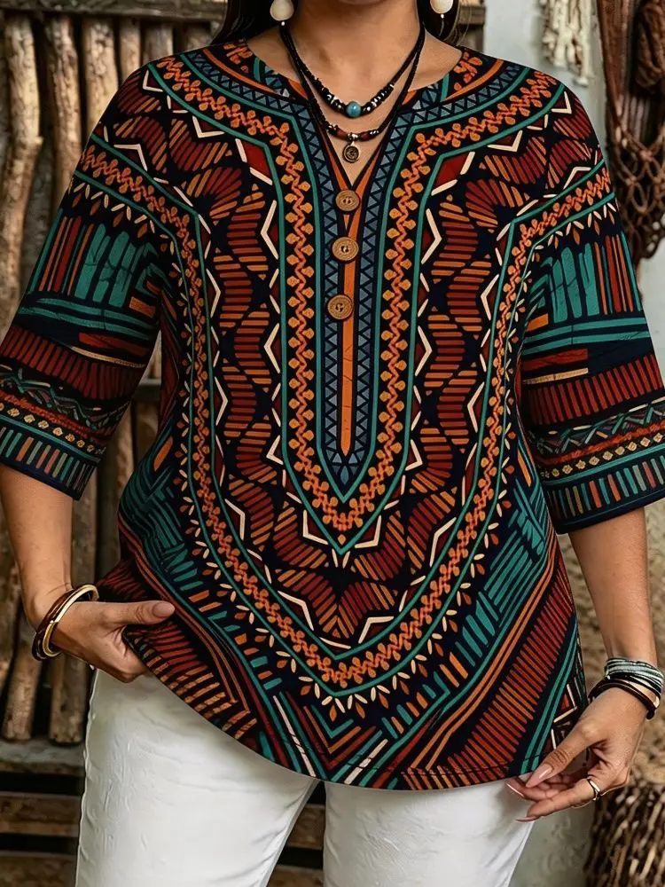 Women Owl Dreamcatcher Feather Tribal Aztec Geometric Print Blouse Notch V Neck 3/4 Sleeve Button Loose Casual Top