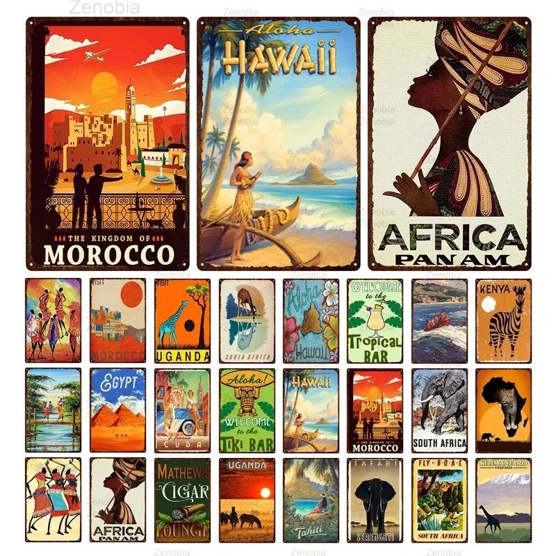 Morocco Hawaii Africa Sunset Scenery Metal Signboard Vintage Travel Poster Hot Sale Wall Art Decoration Iron Painting Tin Plate