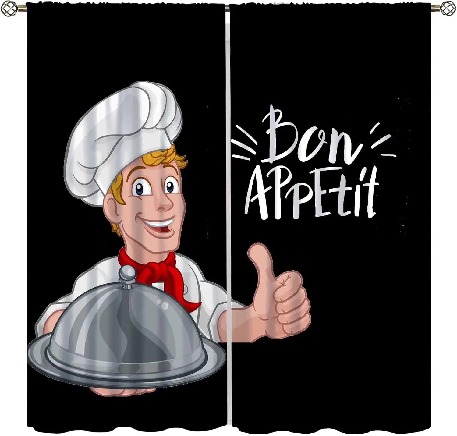 2 Panels Black Cartoon Chef Curtains Bon Appetit Letter Food Cloche Thumbs Up Print Drapes Restaurant Cafe Kitchen Window Decor
