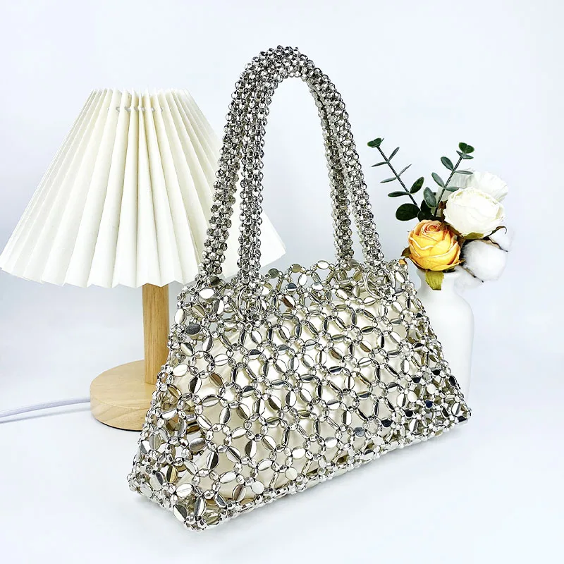 Bling Crystal Diamond Hollow Tote Handbag Women Acrylic Beads Top Handle Evening Bags Lady Wedding Bridal Party Messenger Purse