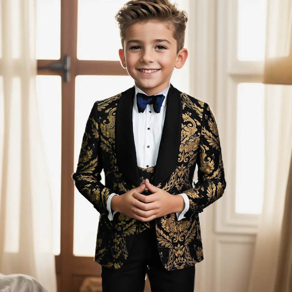 Gold Stamped Jacquard Boy Suit 3 piece Suit Wedding Kids Tuxedo Formal Blazer Pants Vest Custom Suit