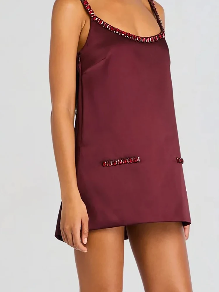 Diamant stiksels effen kleur zomer korte jurk elegant temperament slanke mouwloze jurk dame casual O-hals satijnen feestjurk