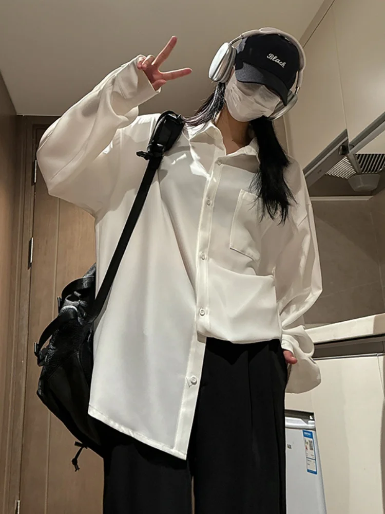 

Мужская рубашка с длинным рукавом, весенне-осенняя, свободного кроя, струящаяся, в гонконгском стиле, модная верхняя одежда, повседневная рубашка на пуговицах