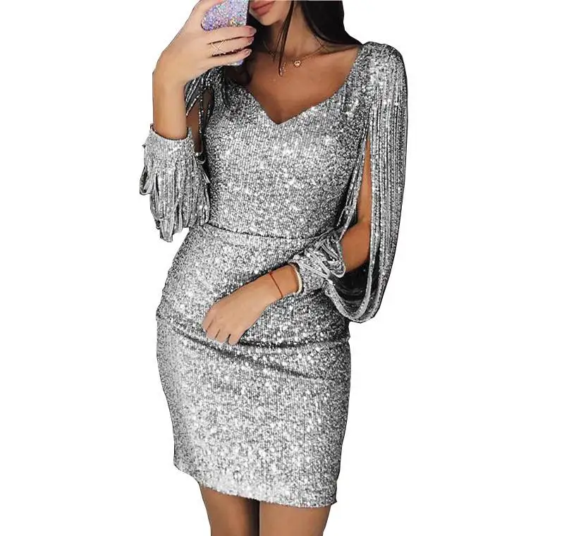 Ele V-ne Long Sve Crystal Fringe Bodycon Dr Street Sle Gestrickter Bleistiftrock mit hoher Taille und Reißverschluss Dr