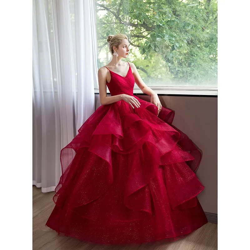 Robe de Quinceanera à bretelles spaghetti rouge vin, robe de Rhà col en V, robe de soirée personnalisée, nouveau, 2024