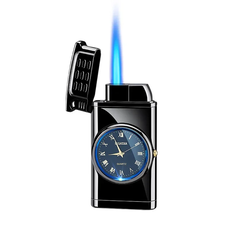 Unusual Multifunctional Metal Watch Lighter Windproof Blue Jet Flame Butane Flashlight Lighter Smoking Accessories Men\'s Gift