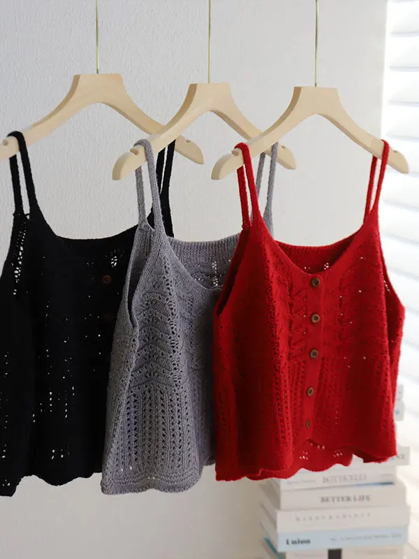 Unique Hollow out Lace Trim Button up Knit Tank Top Women's Innerwear Outerwear V Neck Short Length Warmth Fall Fashion