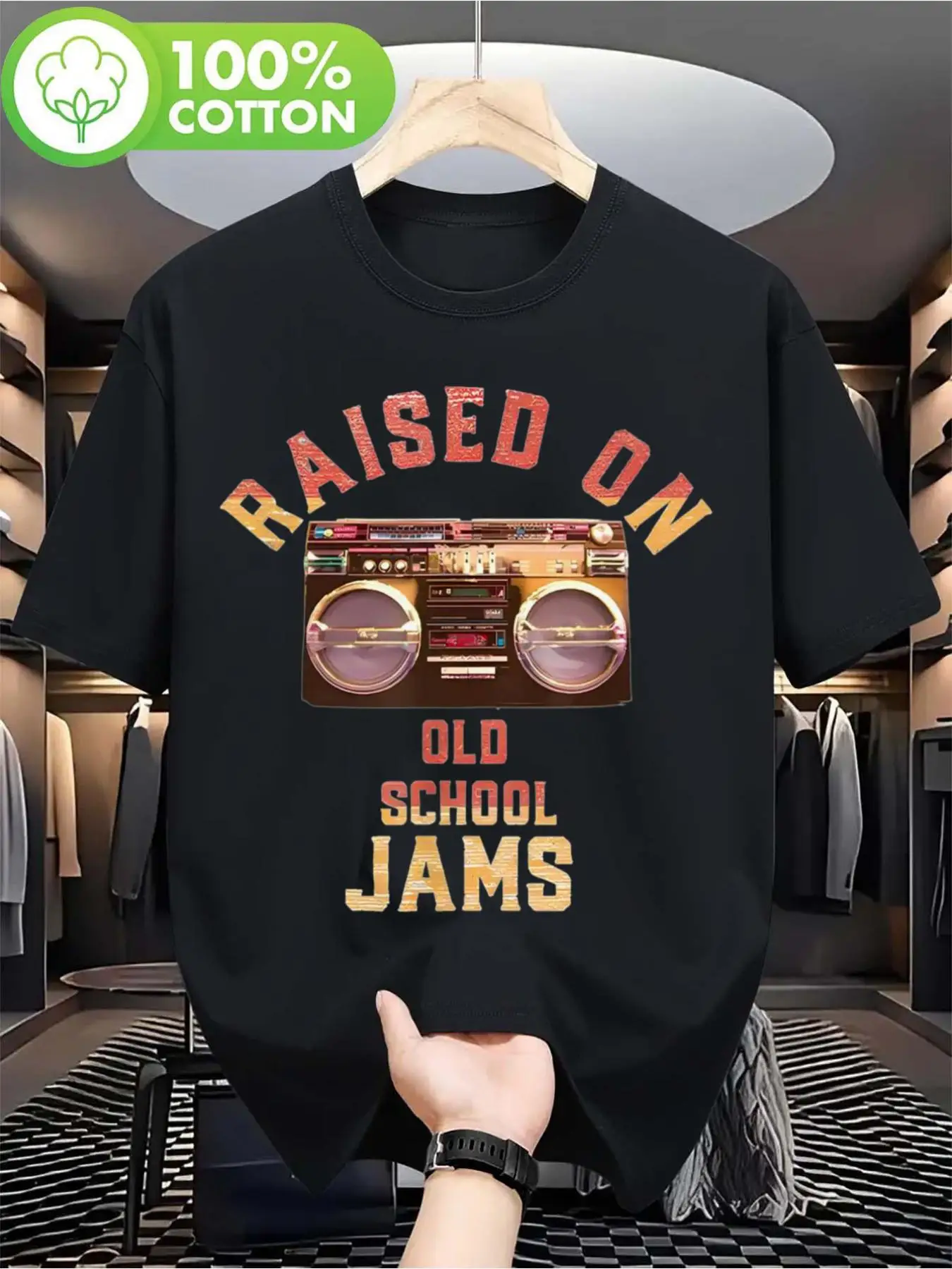 Old School Jams Boombox T-Shirt Men Vintage Graphic Tee Soft Cotton Crew Neck Short Sleeve Casual Top