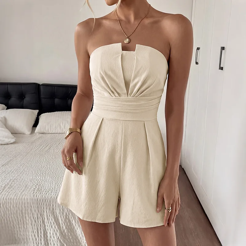 

Women Playsuits Beach Rompers Strapless Sleeveless Empire Cinched Waist Mini Length Straight Pants Loose Casual 2026 Summer