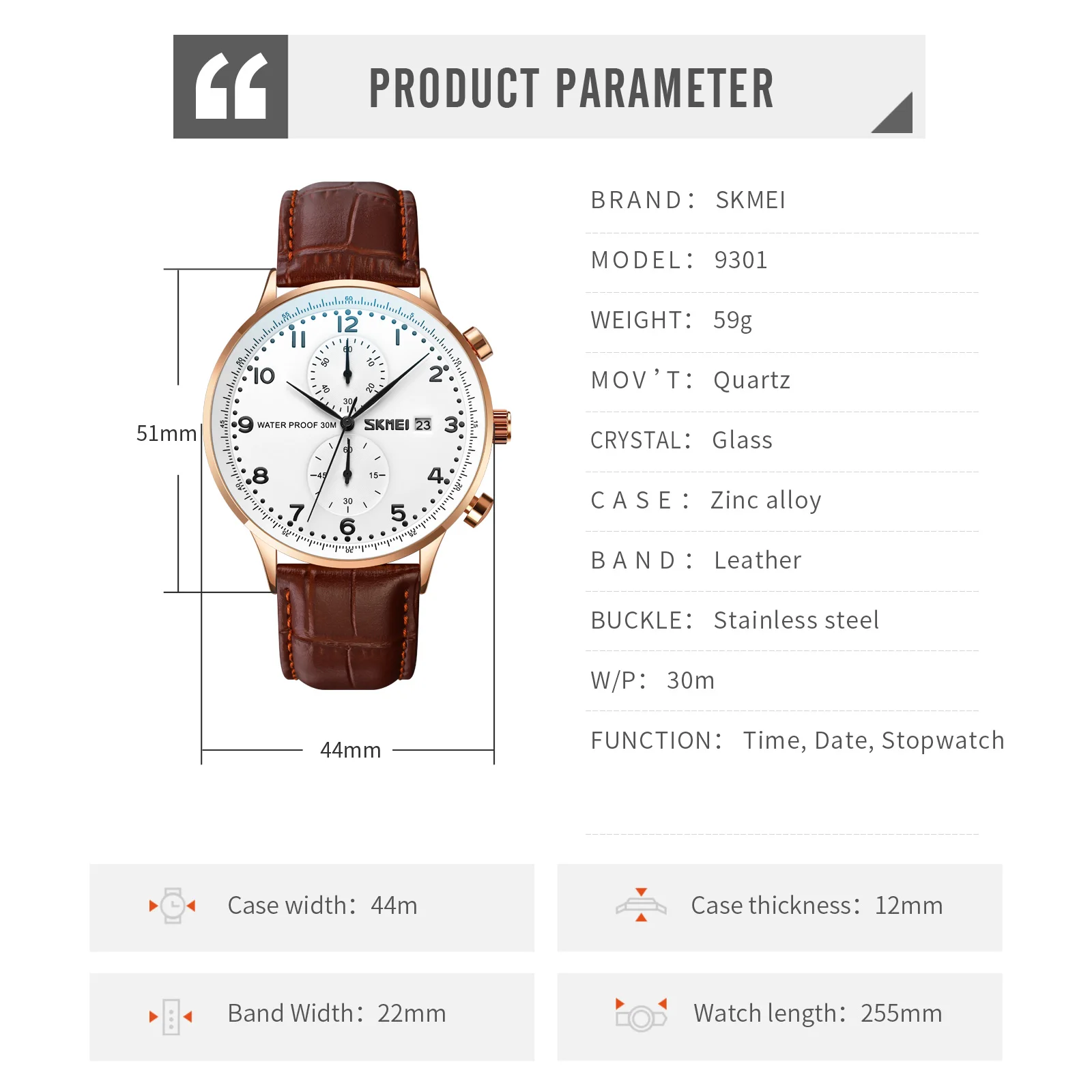 SKMEI-reloj de pulsera con correa de cuero genuino para hombre, cronómetro de cuarzo, resistente al agua, 9301