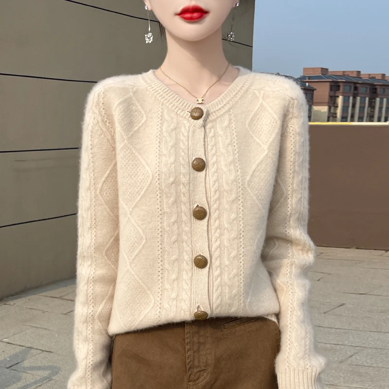 

Autumn and Winter New Cashmere Sweater 100% Wool Women's Round Neck Knitted Cardigan Thickened Warm Long Sleeve Clothing Tops