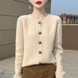 Autumn and Winter New Cashmere Sweater 100% Wool Women's Round Neck Knitted Cardigan Thickened Warm Long Sleeve Clothing Tops